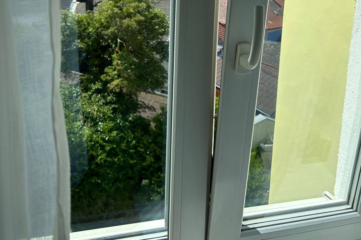 Ein Fenster mit Blick auf eine Wohngegend, mit Häusern und Bäumen.