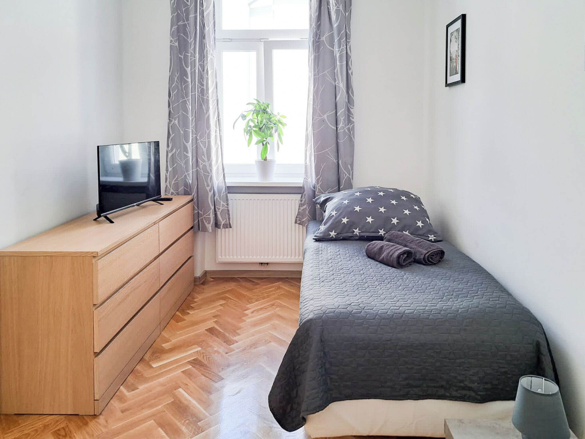 A bedroom with a bed, a dresser, a TV, a window with curtains, and a plant.