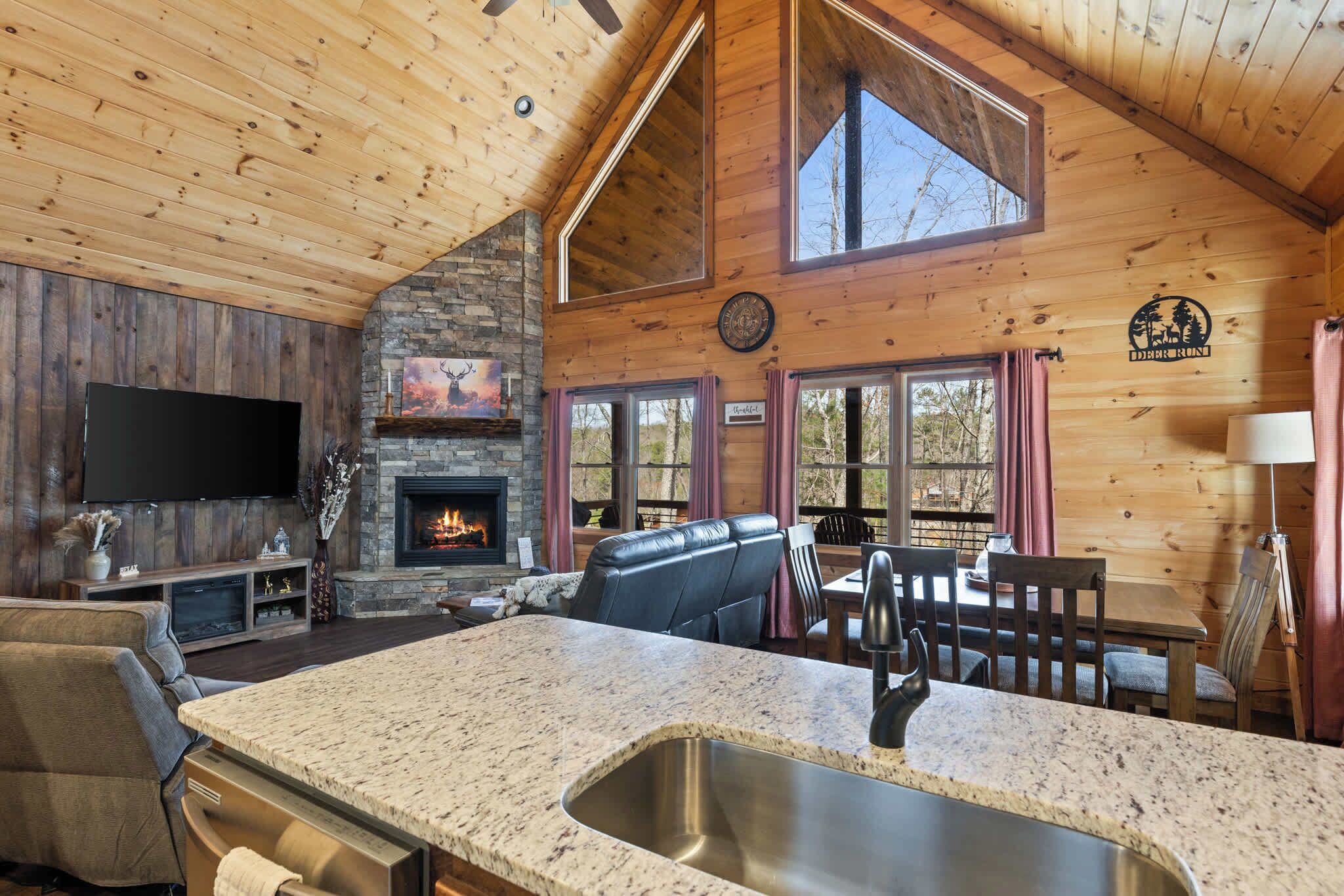 Télévision, cheminée, espaces bureaux