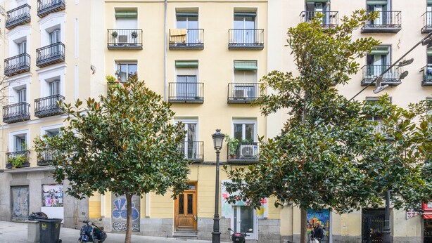 Un edificio de varios pisos con balcones, una puerta con un letrero y un árbol en primer plano.