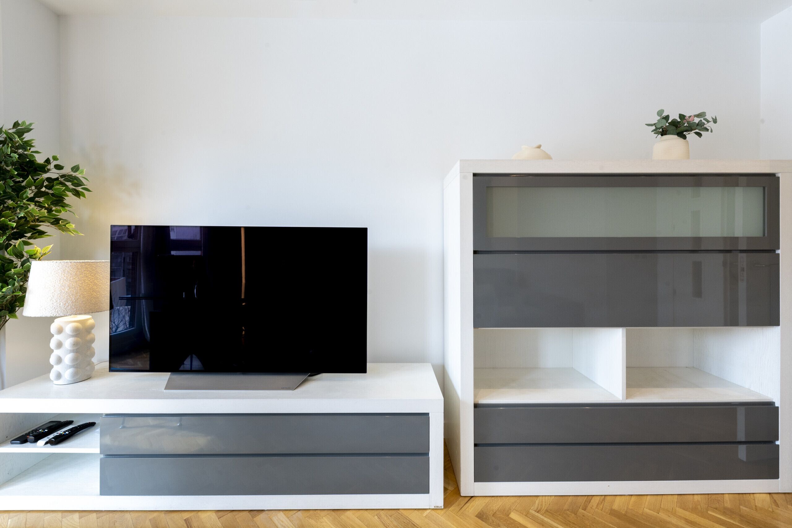 A modern living room with a flat-screen TV on a white console, a small potted plant, and a minimalist shelving unit.