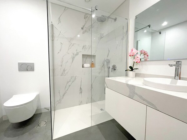 Shower, hair dryer, bidet, towels