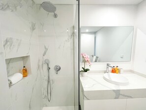 Shower, hair dryer, bidet, towels