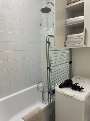 Hair dryer, towels, toilet paper