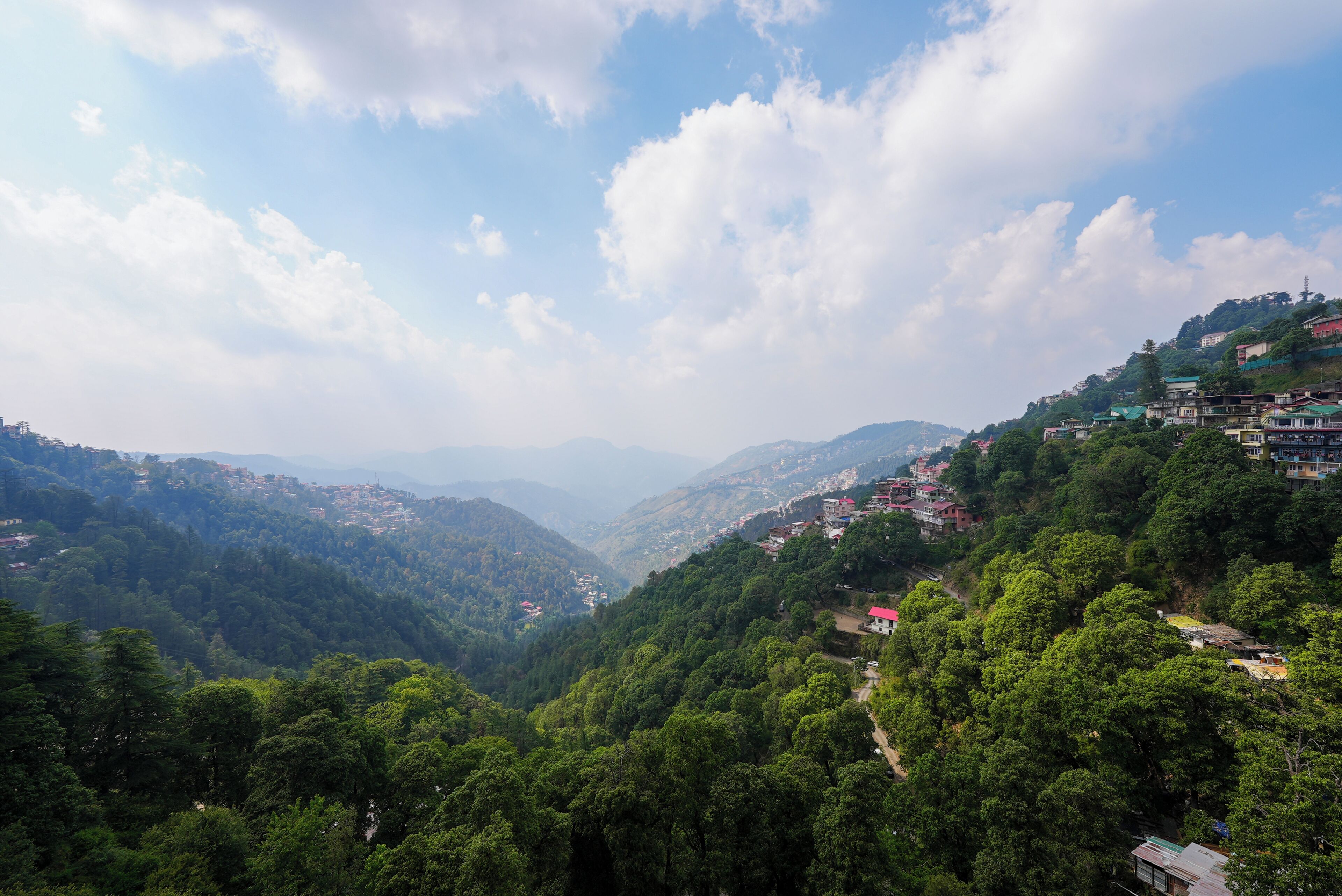 A mountainous landscape with dense forest and scattered buildings.