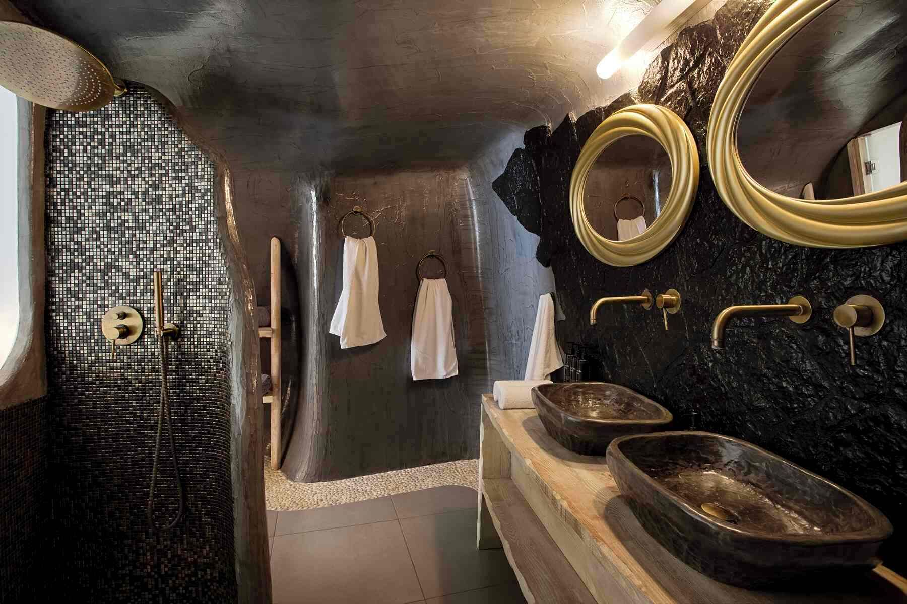 Deluxe Cave Villa with Private Dome Hot Tub, Caldera and Sunset View | Bathroom | Shower, hair dryer, towels, soap