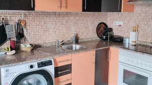 Une cuisine de taille réduite équipée d’un lave-linge, d’un évier et d’une cuisinière.