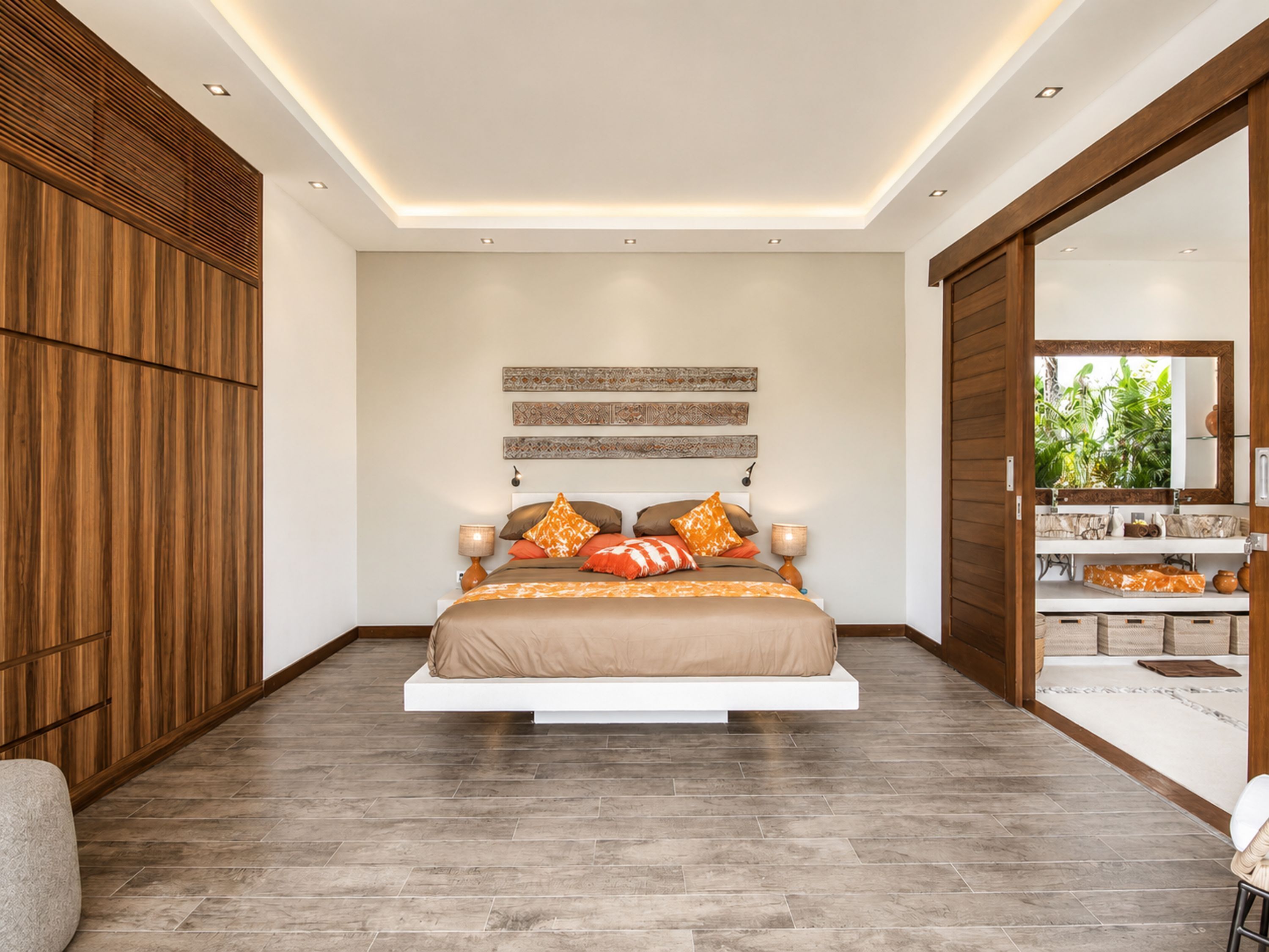 A modern bedroom with a suspended bed, wooden paneling, and a view of greenery through a sliding door.