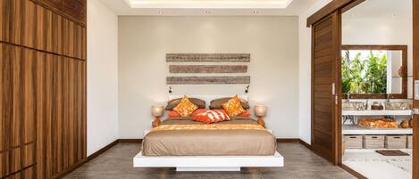 A modern bedroom with a suspended bed, wooden paneling, and a view of greenery through a sliding door.