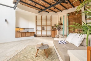 Un vaste espace de vie doté d’un haut plafond, d’une bibliothèque intégrée en bois, d’un canapé avec des coussins, d’une table basse ronde et d’une grande plante en pot.