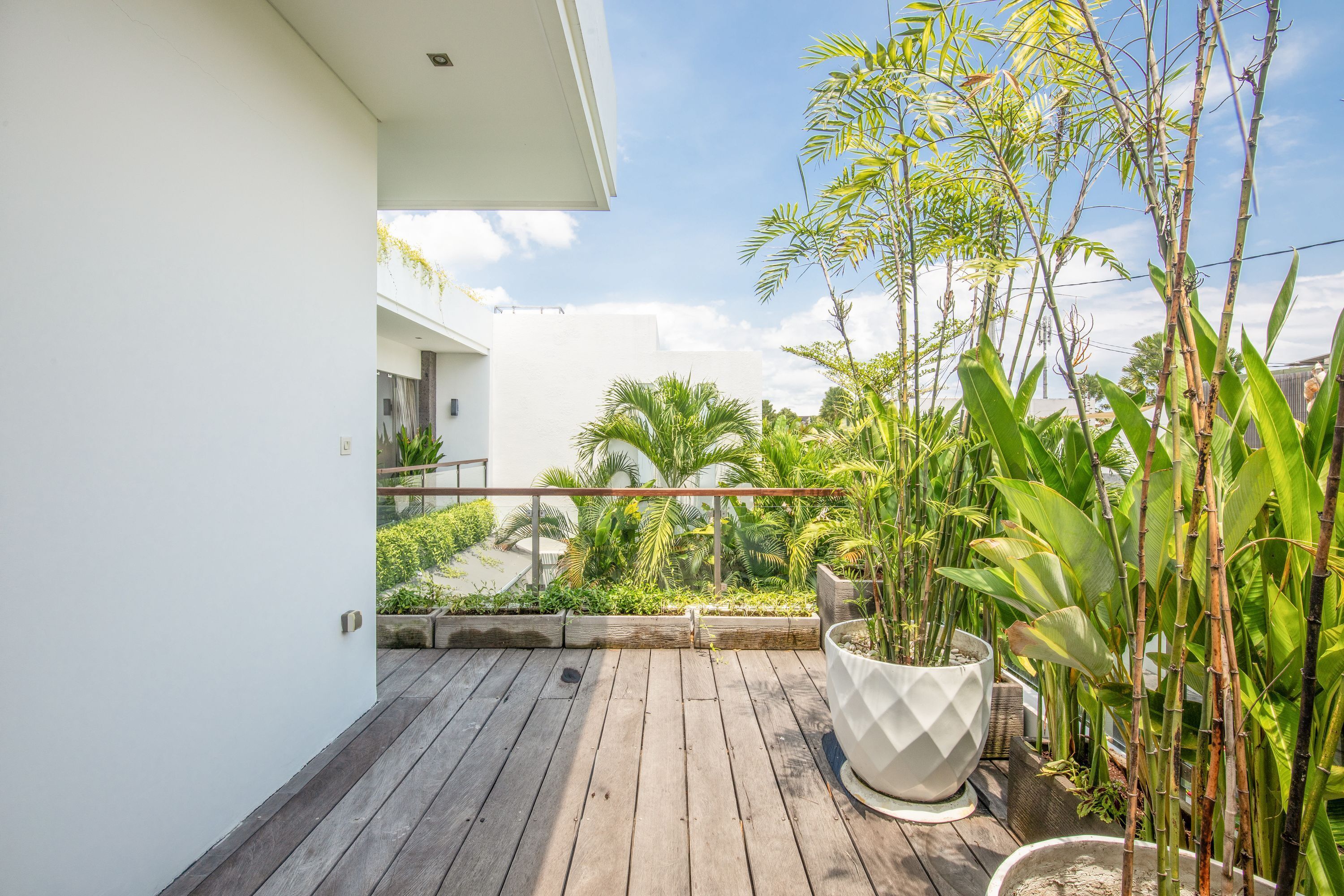 A wooden deck with potted plants, a white wall, and a clear sky.