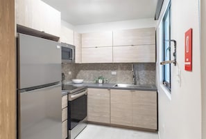 Fridge, microwave, oven, coffee/tea maker