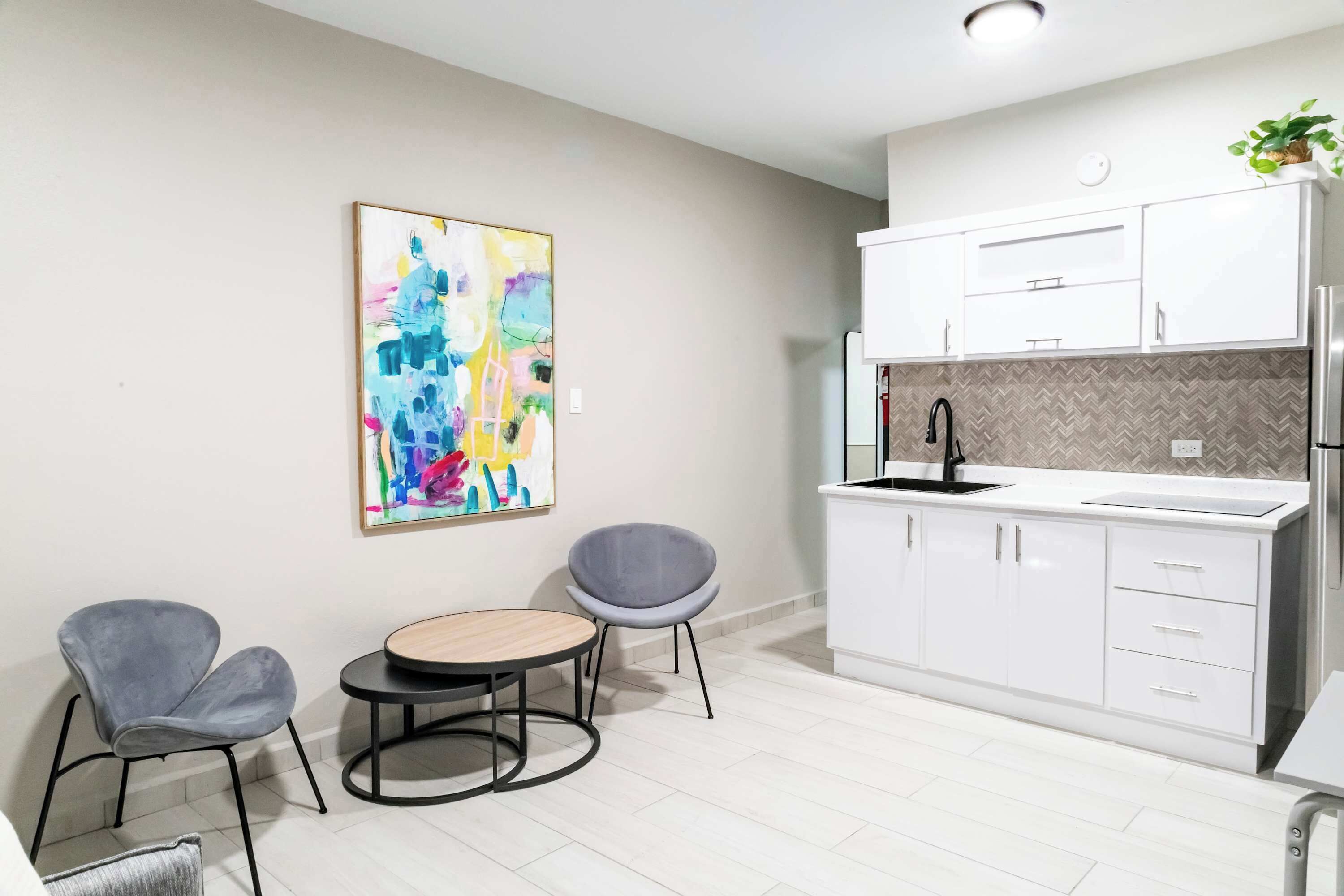 Fridge, microwave, oven, coffee/tea maker