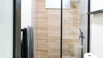 Shower, hair dryer, towels, shampoo