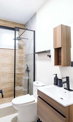 Shower, hair dryer, towels