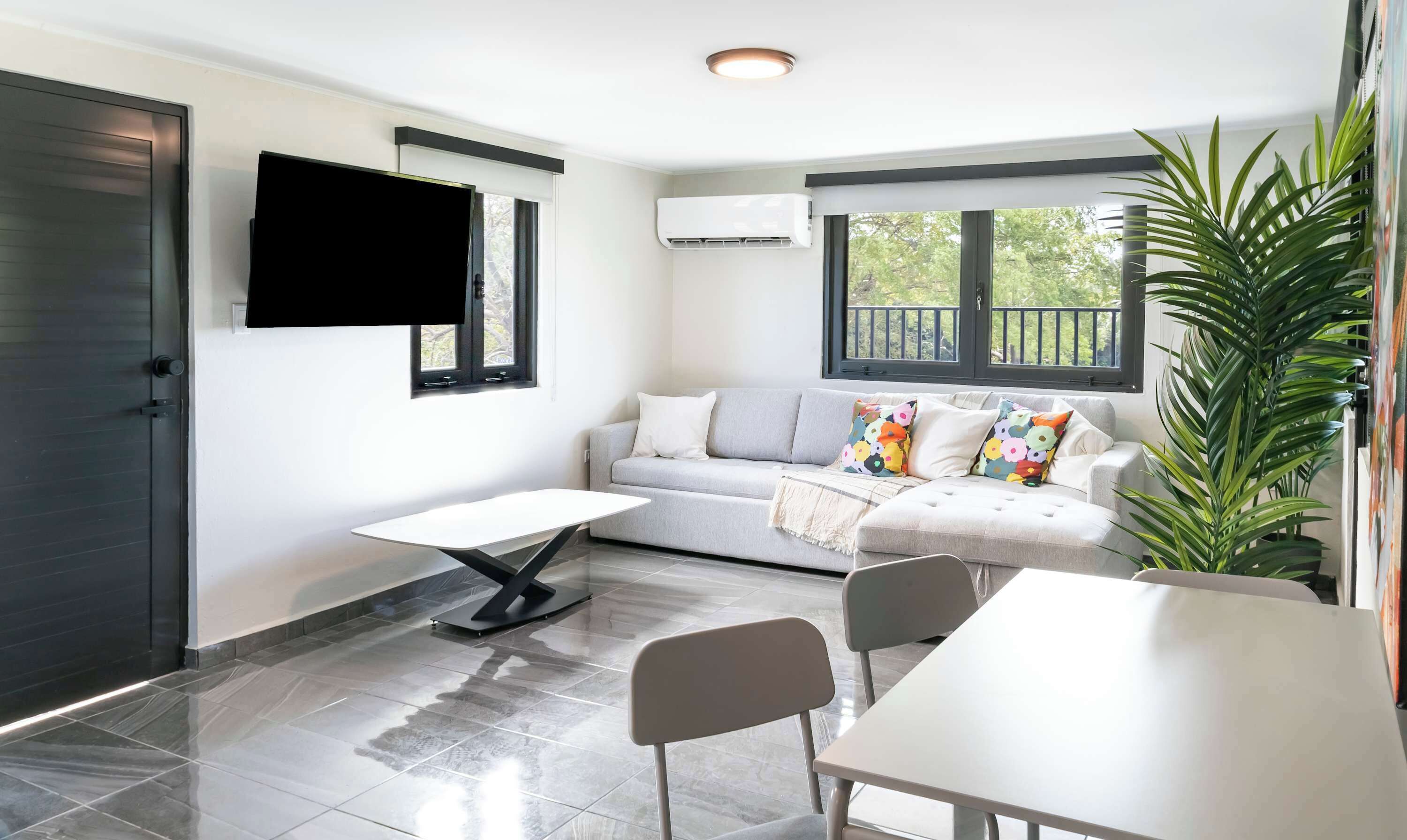 A modern living room with a grey sofa, a flat-screen TV, a dining table, and a large potted plant.