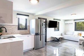 Fridge, microwave, oven, coffee/tea maker