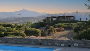 Vista de la piscina de una propiedad con muro de piedra, abundante vegetación y una montaña al fondo.