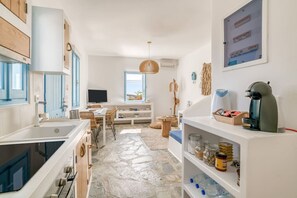 Fridge, oven, stovetop, coffee/tea maker