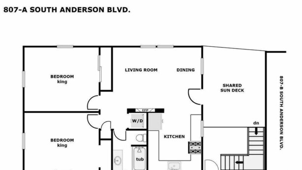 A floor plan of a house at 807-A South Anderson Blvd. with two bedrooms, a living room, dining area, kitchen, and a shared sun deck.