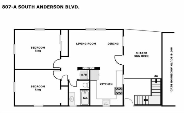 A floor plan of a house at 807-A South Anderson Blvd. with two bedrooms, a living room, dining area, kitchen, and a shared sun deck.