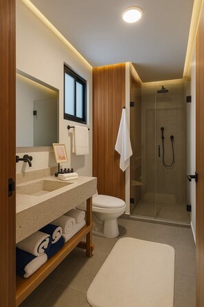 Shower, hair dryer, towels