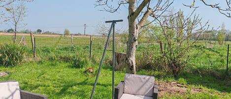 An outdoor seating area with wicker furniture and a glass table, surrounded by a grassy field and a tree.