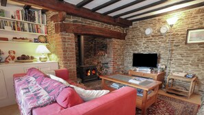 Una sala de estar acogedora con chimenea de piedra, televisor y estantería llena de libros.
