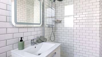 Shower, hair dryer, towels