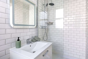 Shower, hair dryer, towels