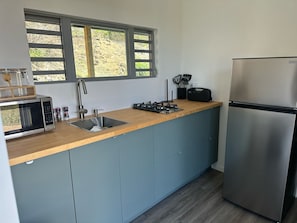 Fridge, microwave, stovetop, coffee/tea maker