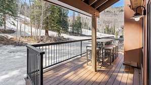 A wooden deck with a railing, outdoor seating, and a view of a snowy landscape with trees and a mountain in the background. - Summer Resort Access, Hiking/Fishing, Hot Tub/Pool! (Durango)