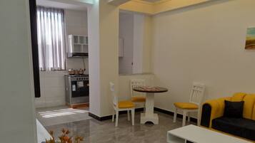 A modern living room with a sofa, chairs, a coffee table, and a kitchen area with an oven and cabinets.
