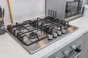 Fridge, microwave, stovetop, toaster