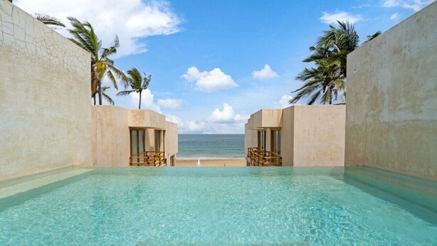 A clear pool with a view of the ocean, surrounded by palm trees and a simple architectural design. - Nine bedroom  in Mexico, Litibú (Litibú)