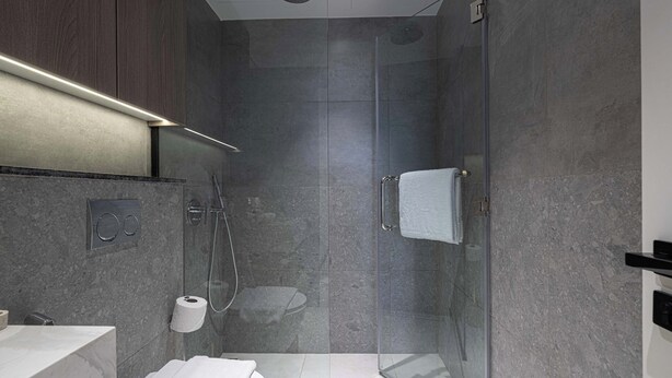 A modern bathroom with a glass-enclosed shower, a toilet, and a sink.