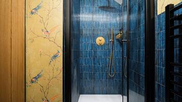 Eine Dusche mit blauen Fliesen und einer Holztür.