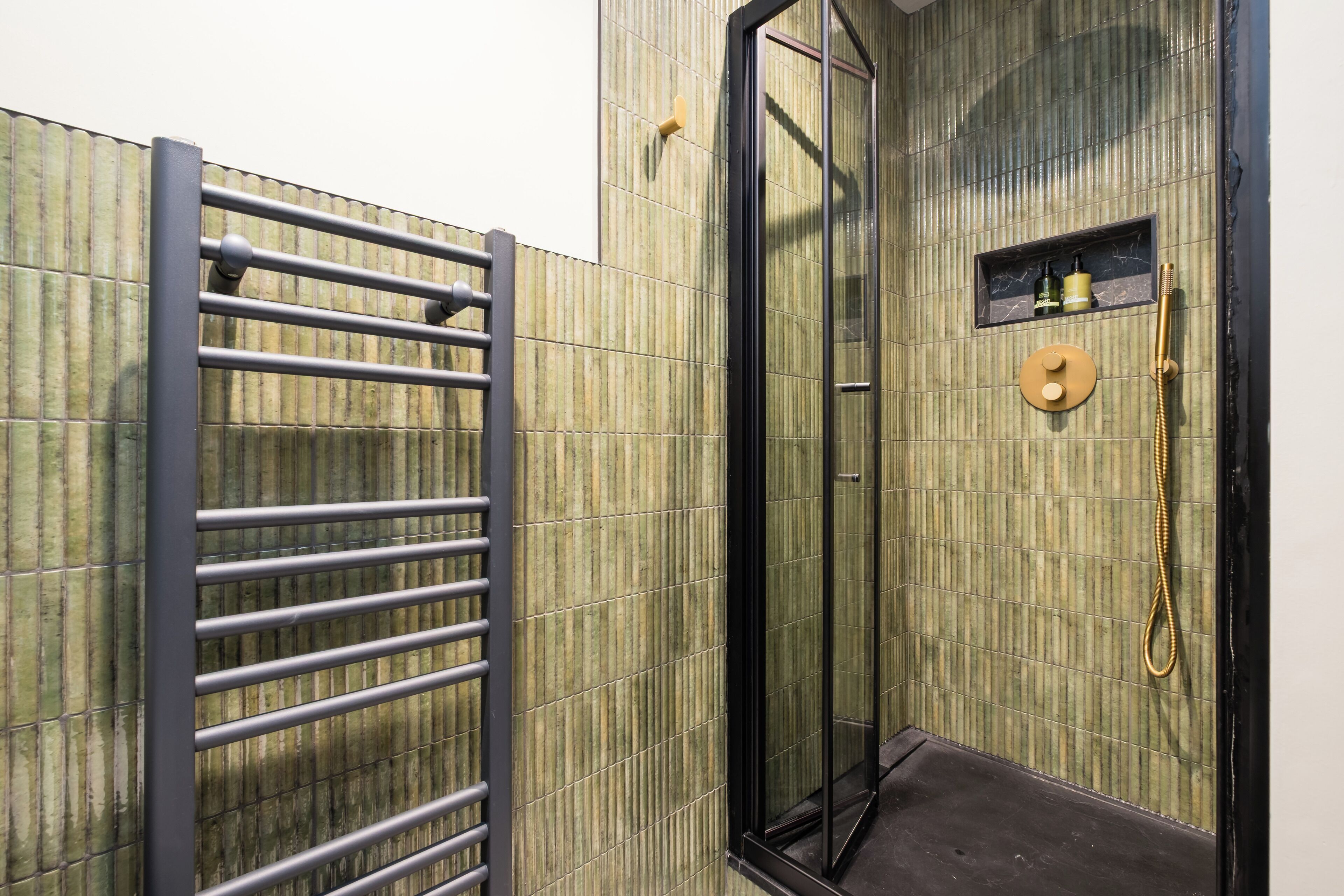 Un baño con cabina de ducha de vidrio, un perchero y un estante con artículos de aseo.