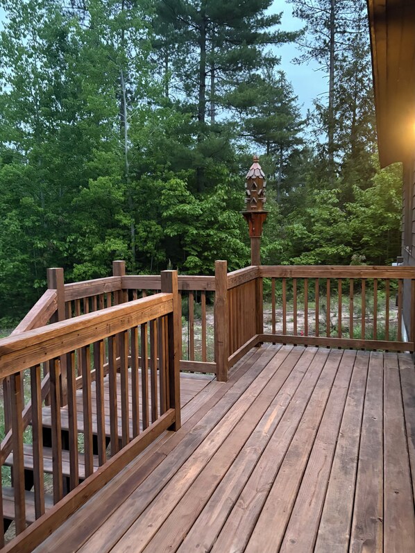 A wooden deck with railings, surrounded by dense green trees.