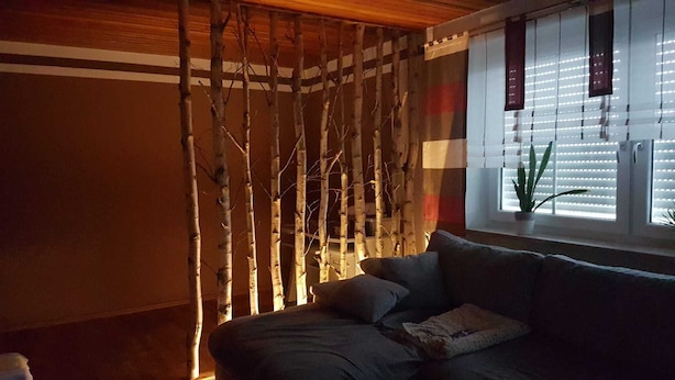 Une pièce avec un plafond en bois, une fenêtre avec des stores, un canapé avec des coussins et un mur décoratif orné de branches.