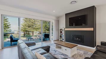 Fernseher, Kamin, DVD-Player, Bücher