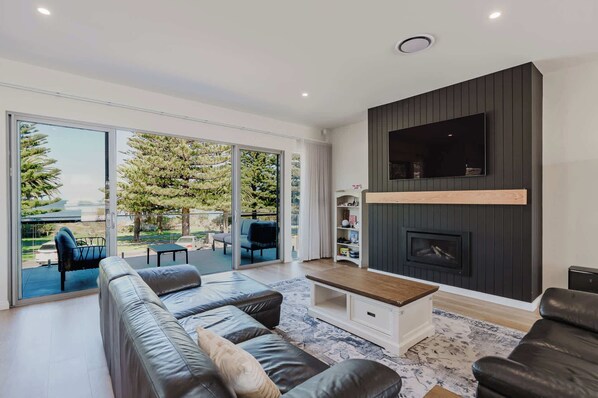 TV, fireplace, DVD player, books