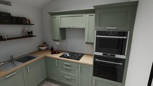 A kitchen with green cabinets, a sink, a stove, and an oven.