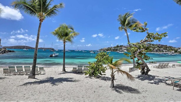 A beach with palm trees, lounge chairs, and boats in the water.
