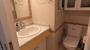 Une salle de bain équipée d’un lavabo, d’un miroir, de toilettes et de placards.