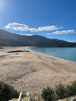 Une plage offrant une vue dégagée sur la mer et les montagnes en arrière-plan.