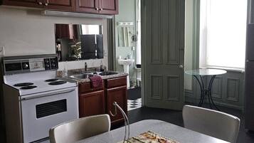 Fridge, stovetop, dishwasher, coffee/tea maker