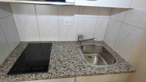A kitchen with a black induction cooktop, a stainless steel sink, and a granite countertop. - Cozy studio in the city center - Crown 34 (Zürich)