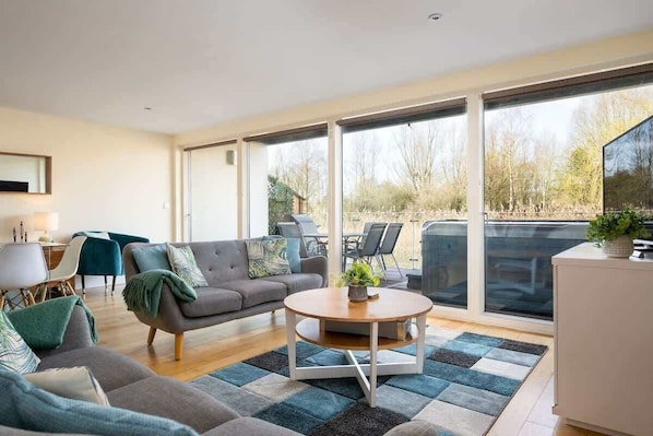 Televisio, takka, kirjoja, stereot