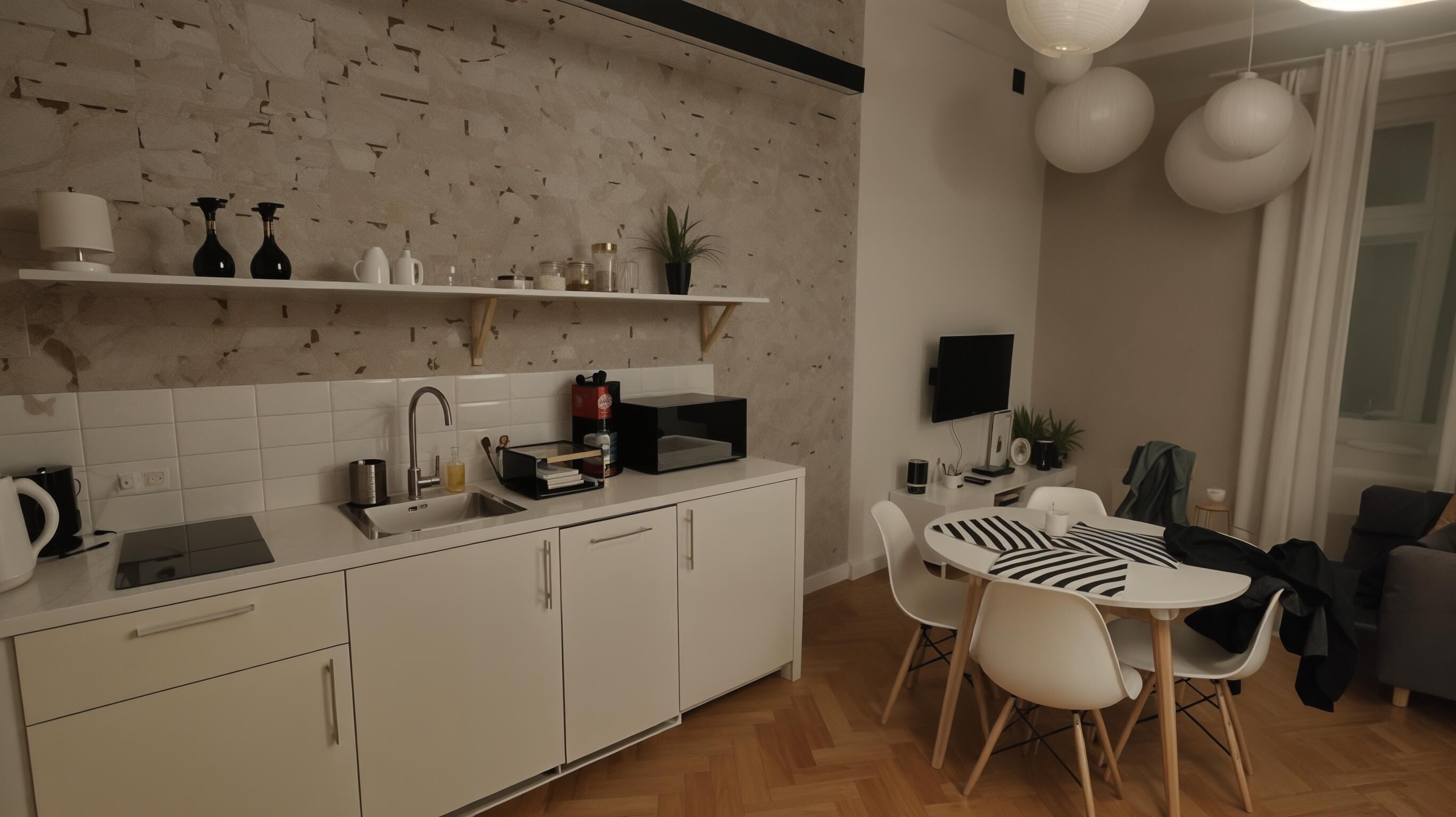 A modern kitchen with white cabinets, a black countertop, and a dining area with a white table and black-and-white striped cushions.